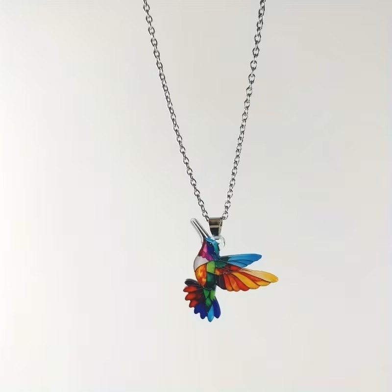 Colorful Hummingbird Pendant Necklace Rainbow Enamel Bird Charm Women Gift Chain