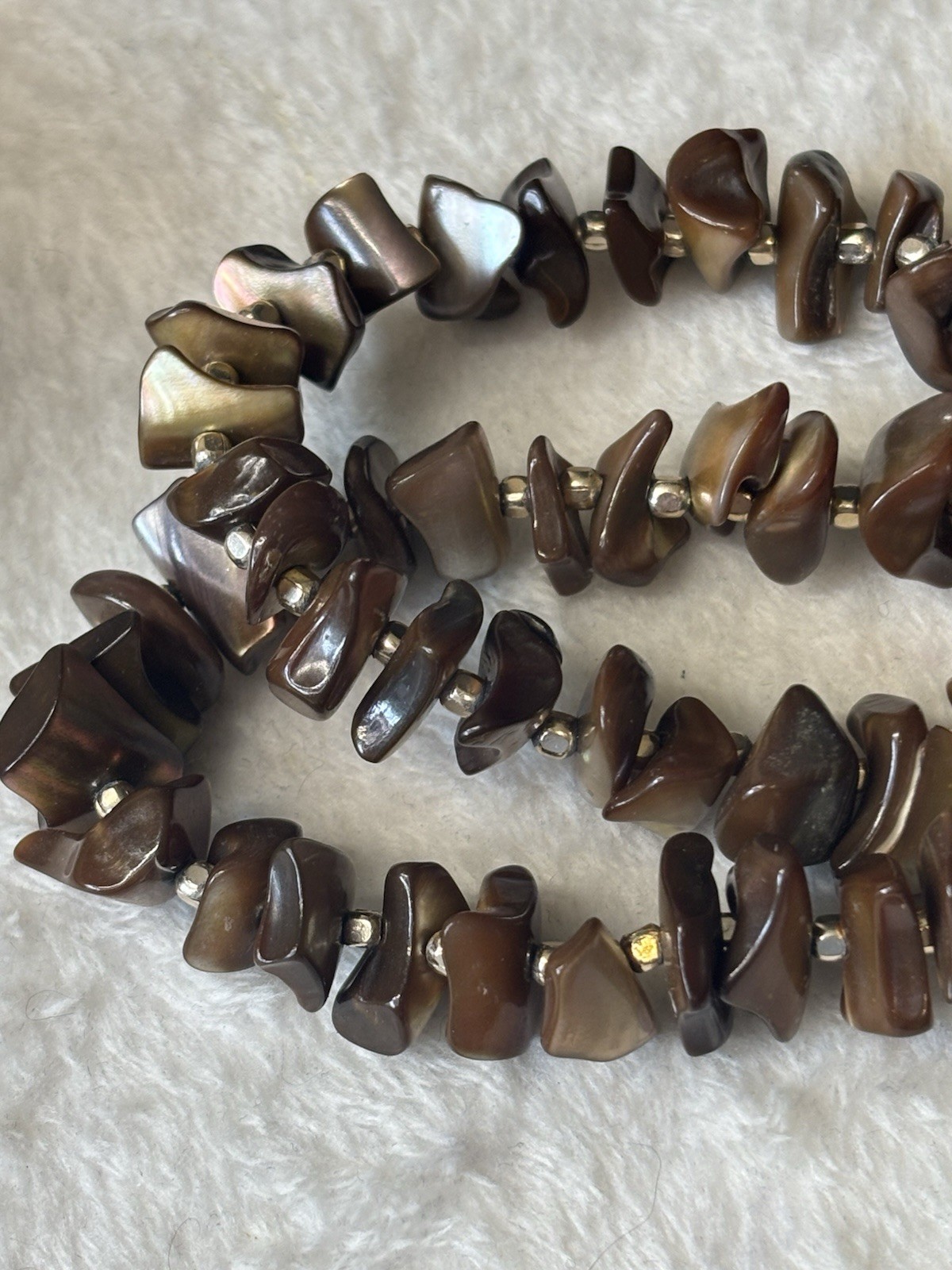 Vintage 30” Mother Of Pearl Bronze Necklace