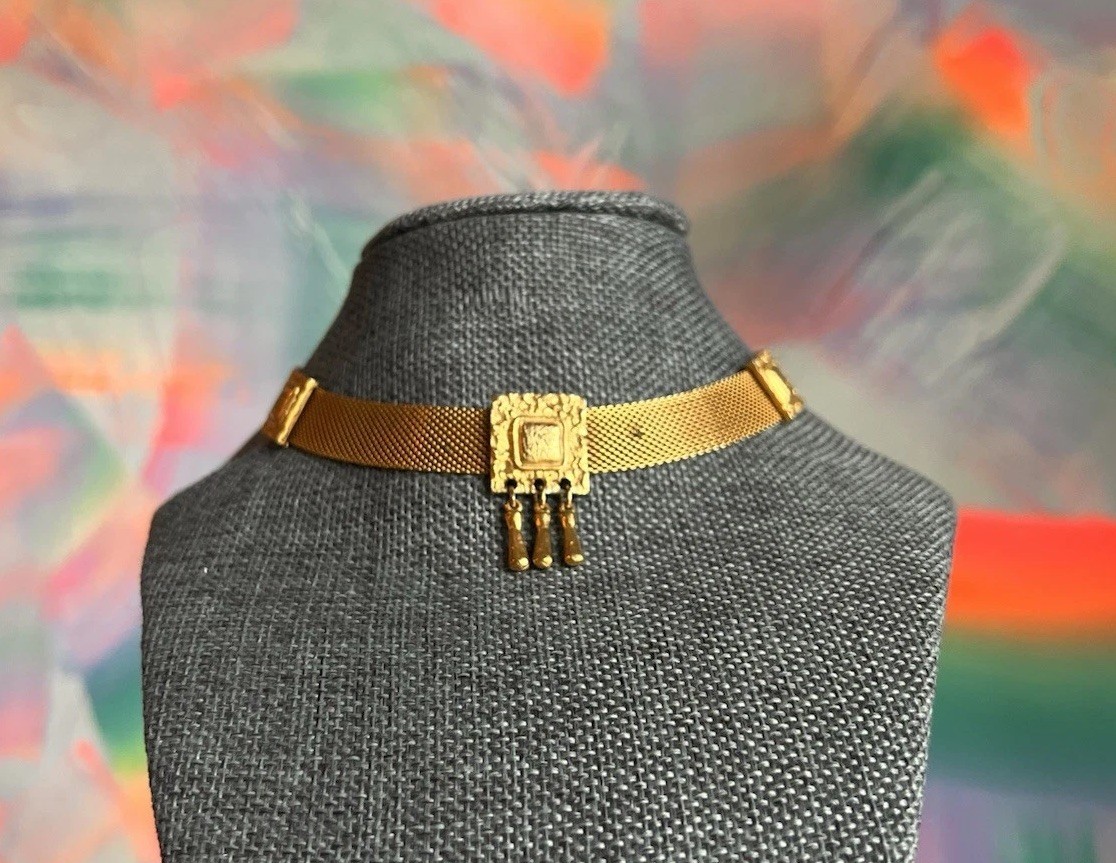 Florenza Gold Tone Mesh Choker Necklace Adjustable 12.5-16” Rare Piece! H4