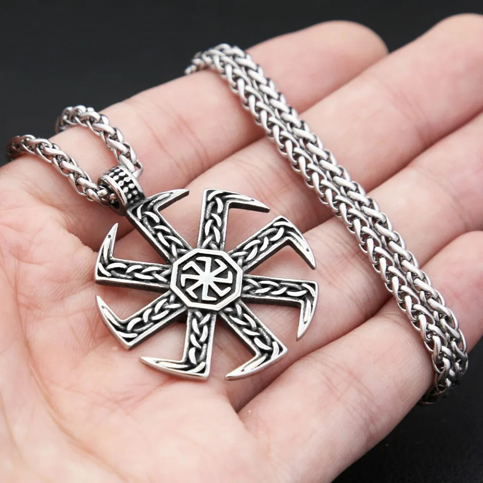 Vintage Stainless Steel Sun Wheel Symbol Pendant Necklace Retro Unisex Fashion J