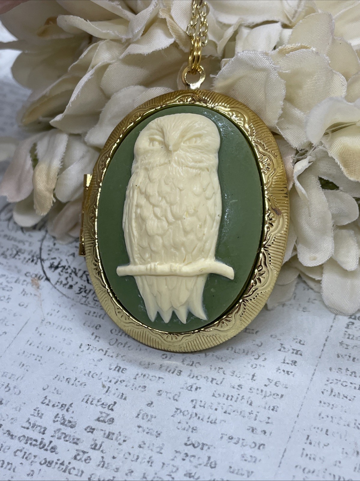 Ylw Gold Photo Locket Necklace Birthday Gift Green Owl Barn Tree Hoot Fall Mom