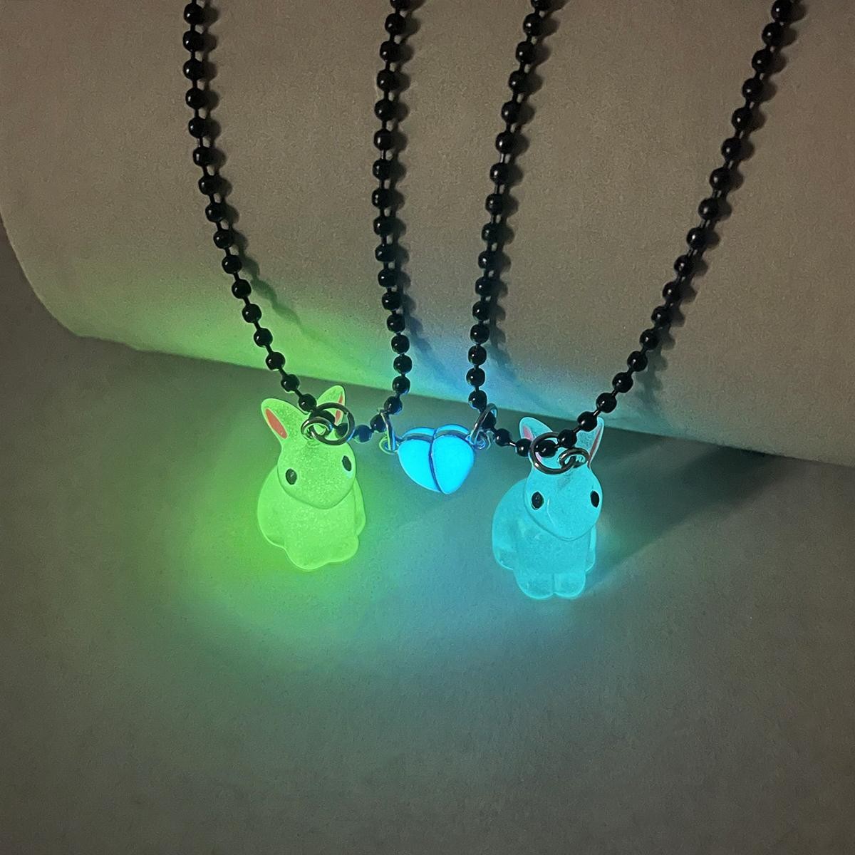 Glow Heart Rabbit Couple Necklace Blue White Pendant Black Bead Chain Gift