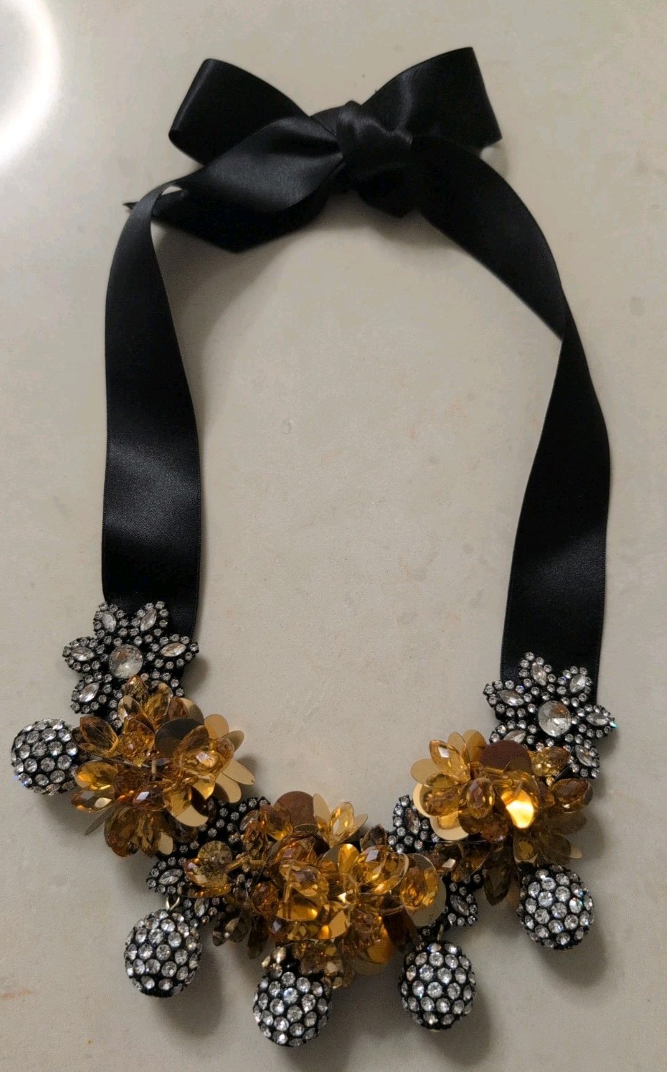 NWOT J CREW WIDE BLACK RIBBON TIE STATEMENT NECKLACE SEQUINS RHINESTONES L@@K
