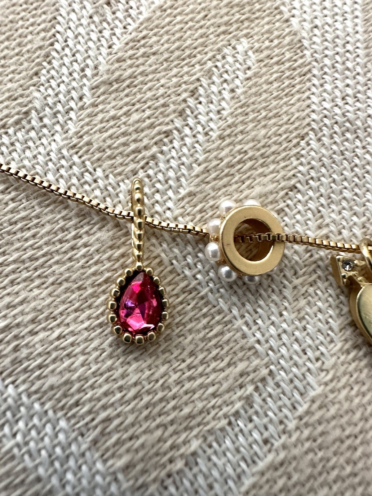 Aerie Gold Tone Charm Necklace Heart Teddy Bear LOVE Faux Pearl Adjustable 18-21