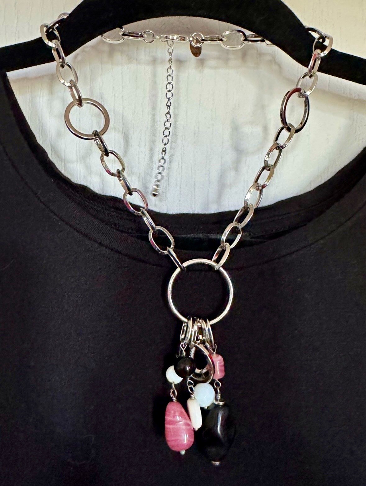 Lia Sophia Silver Tone Link Chain Necklace Adjustable Charm Cluster