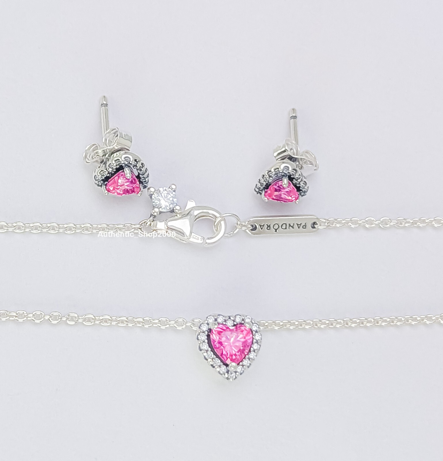 New 100% PANDORA 925 Pink Pave Heart Necklace Earrings Jewlery Gift Set B802601