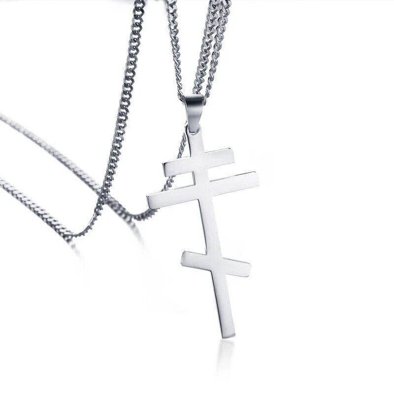 Silver Cross Necklace Eastern Orthodox Stainless Steel Pendant Men Russian Greek