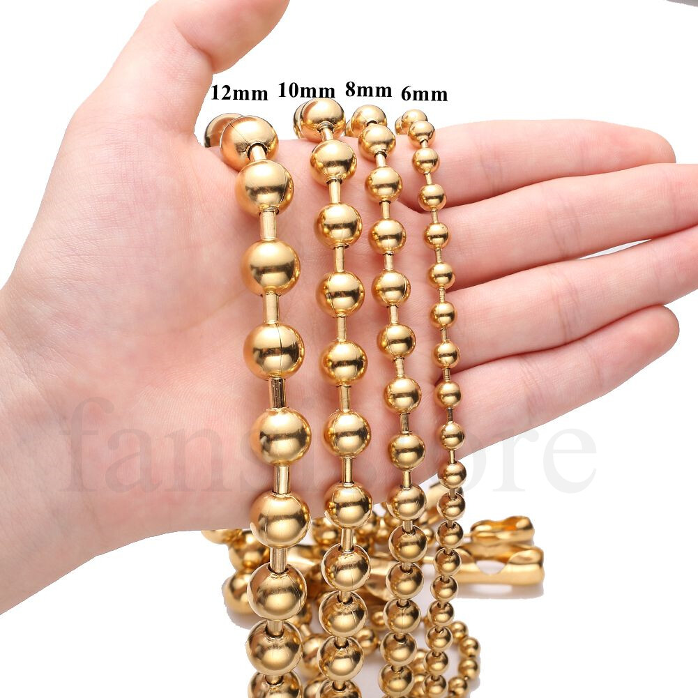 6/8/10/12mm Women Men Gold Tone Stainless Steel Ball Bead Chain Necklace 16-40″