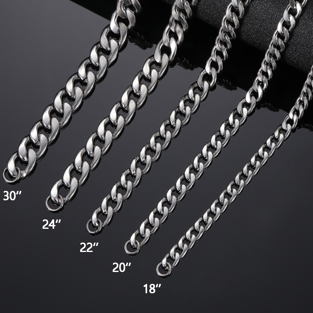 16-30″ Stainless Steel Silver Chain Cuban Curb Necklace 3/5/7/9/11mm Womens Mens