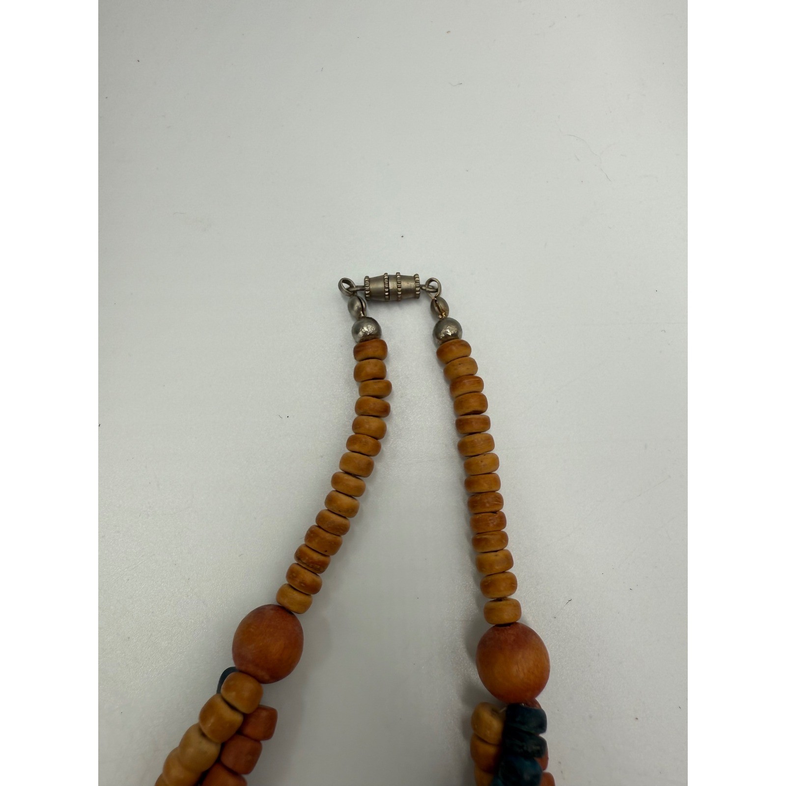 Vintage Boho Carved Wood Leaf Statement Necklace Earthy Multi Strand Beaded 22″