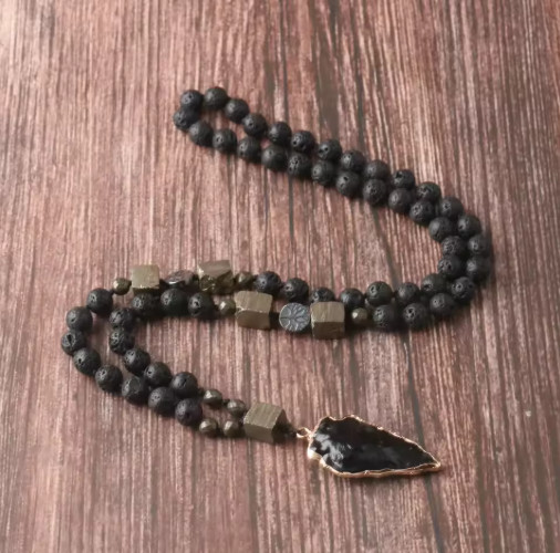 Black Obsidian Arrowhead Pendant lava Rock Pyrite Beads Meditation Necklace