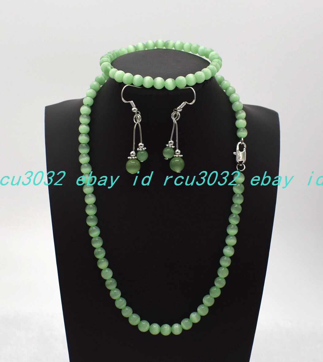 6mm Green Cat Eye Round Bead Gemstone Necklace Earrings Bracelet 18-28/7.5in Set
