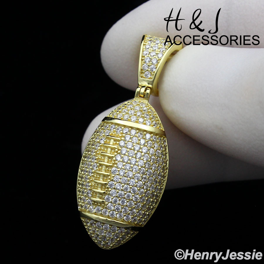 925 STERLING SILVER 18-30″X2MM GOLD PLATED BEADED CHAIN CZ FOOTBALL PENDANT*G205
