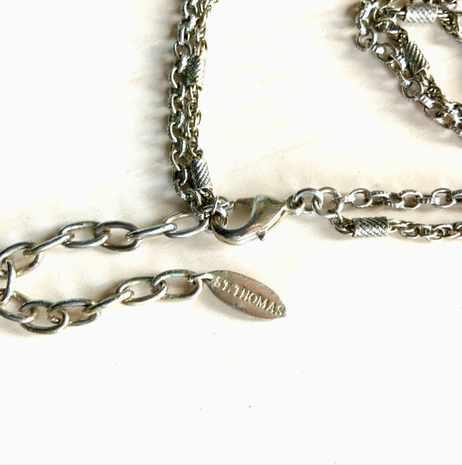 Vintage tassel necklace ST. THOMAS rhinestone antiqued gold multi strand layered