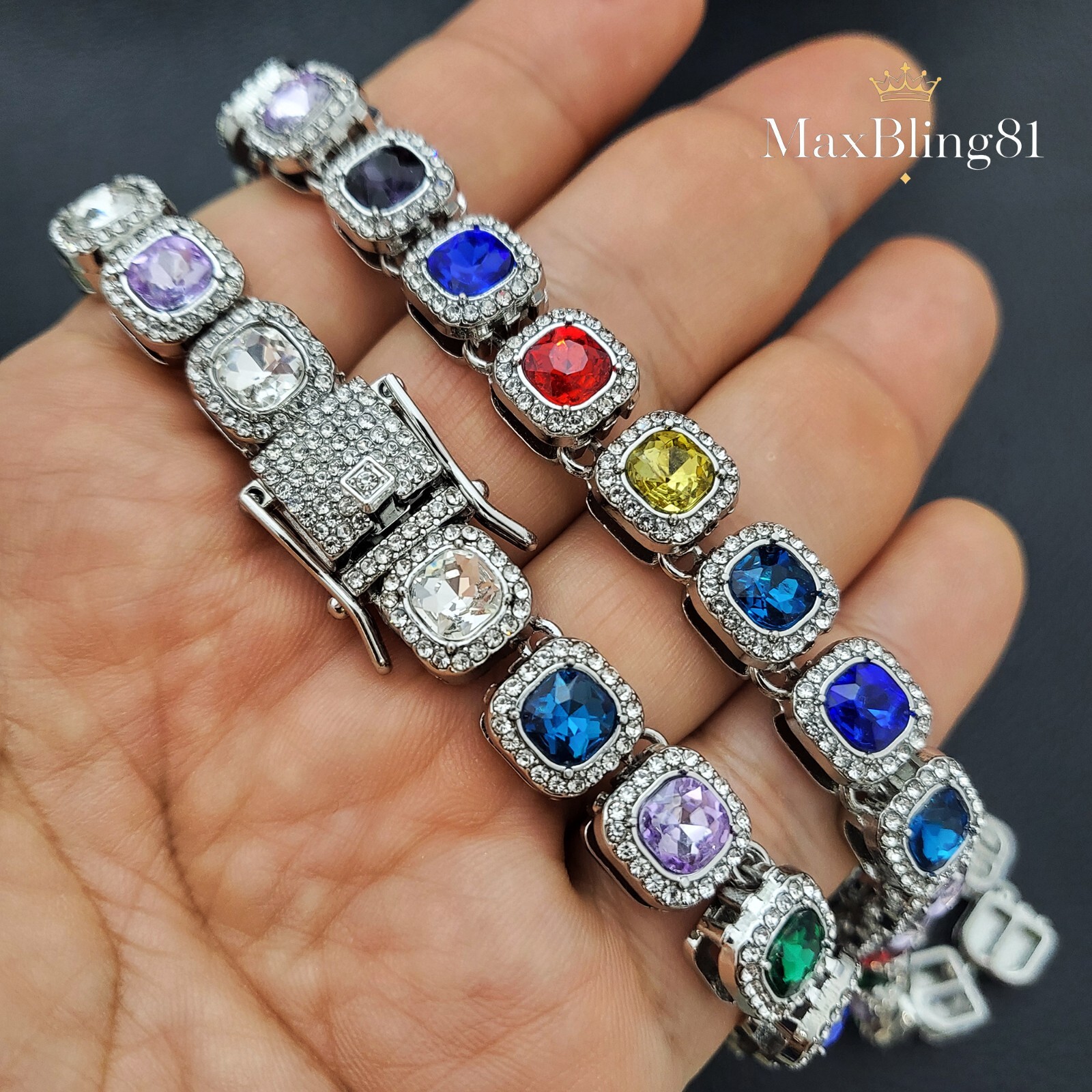 Unisex Hip Hop Style Silver Plated Iced CZ 20″ Multi Color Stone Chain Necklace