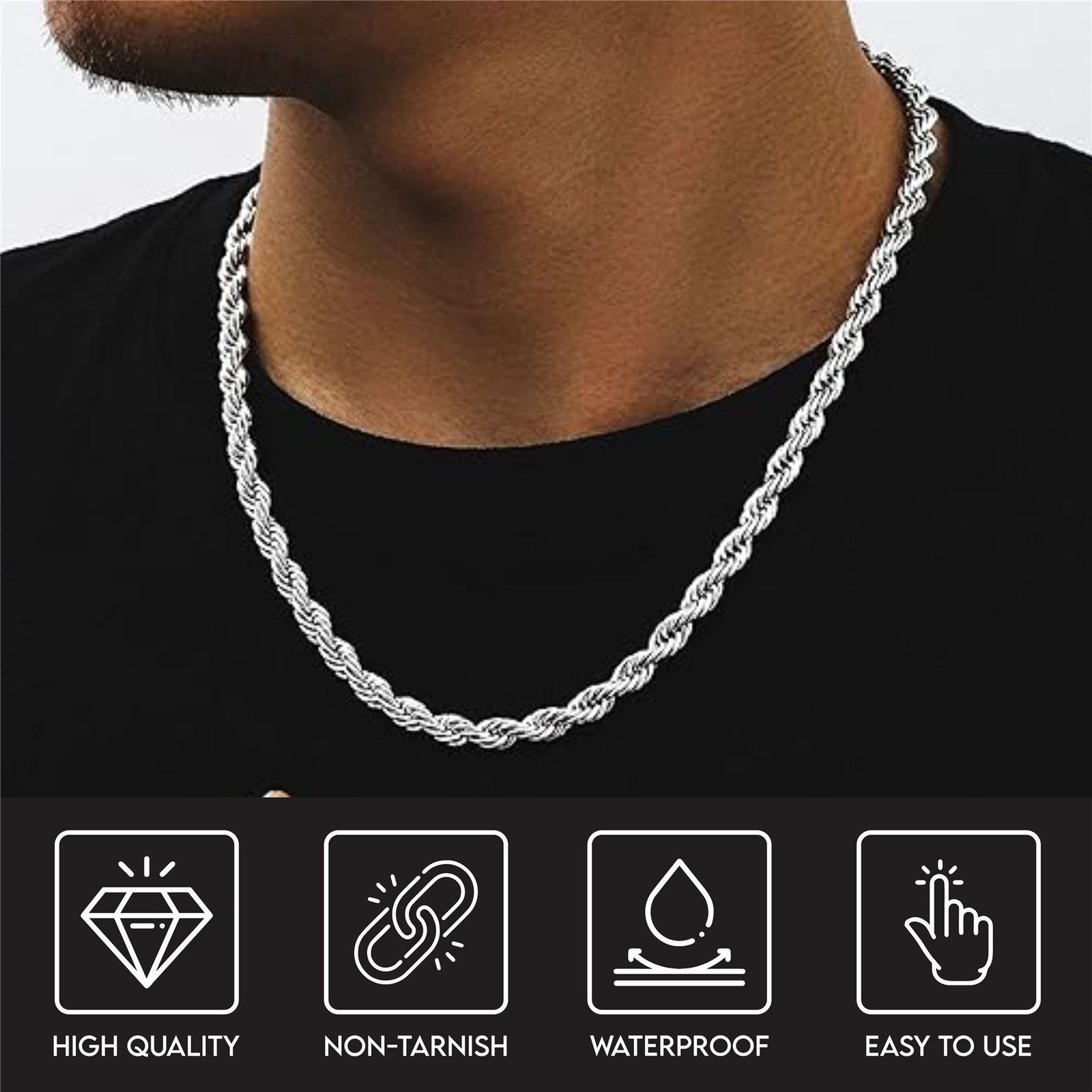 GOLD 316L STAINLESS STEEL 5MM WIDE 24″ / 60CM LONG TWISTED ROPE CHAIN NECKLACE
