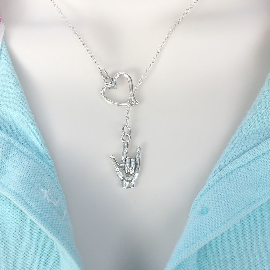 I Love You in “Sign Language” Antique Silver Lariat “Y” Necklace.
