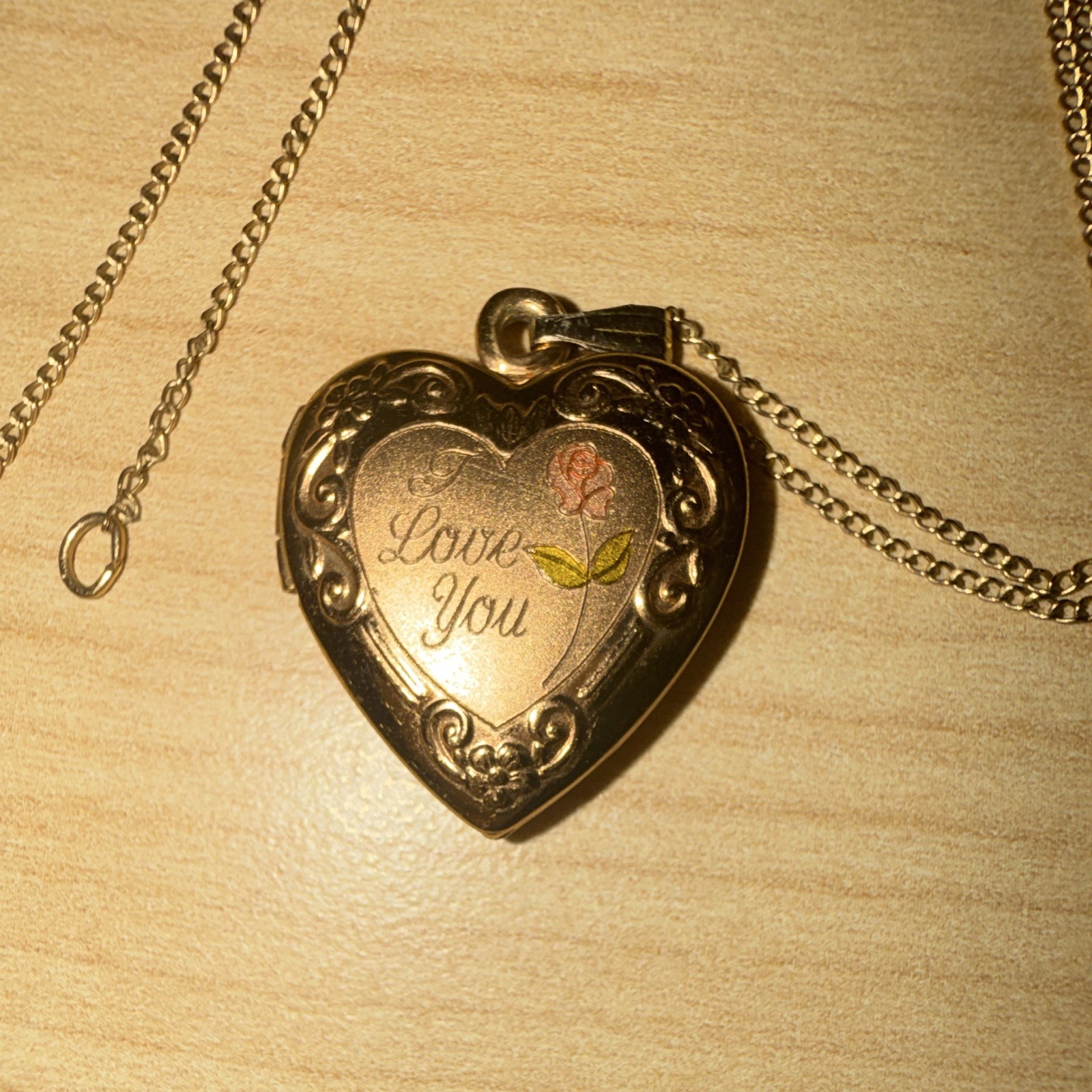 Vintage 14K Gold Filled I Love You Heart Locket Necklace Sterling Silver Bail