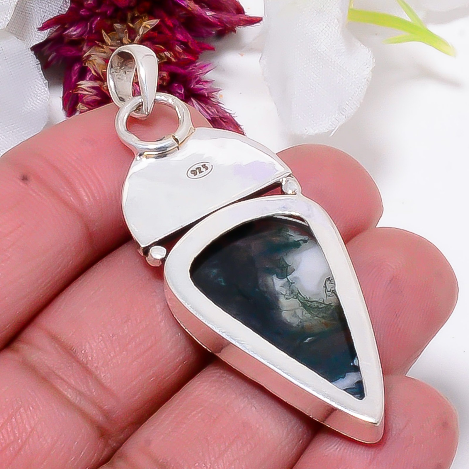 Moss Agate – India & Rainbow Moonstone 925 Sterling Silver Pendant 2.34″ Sku24