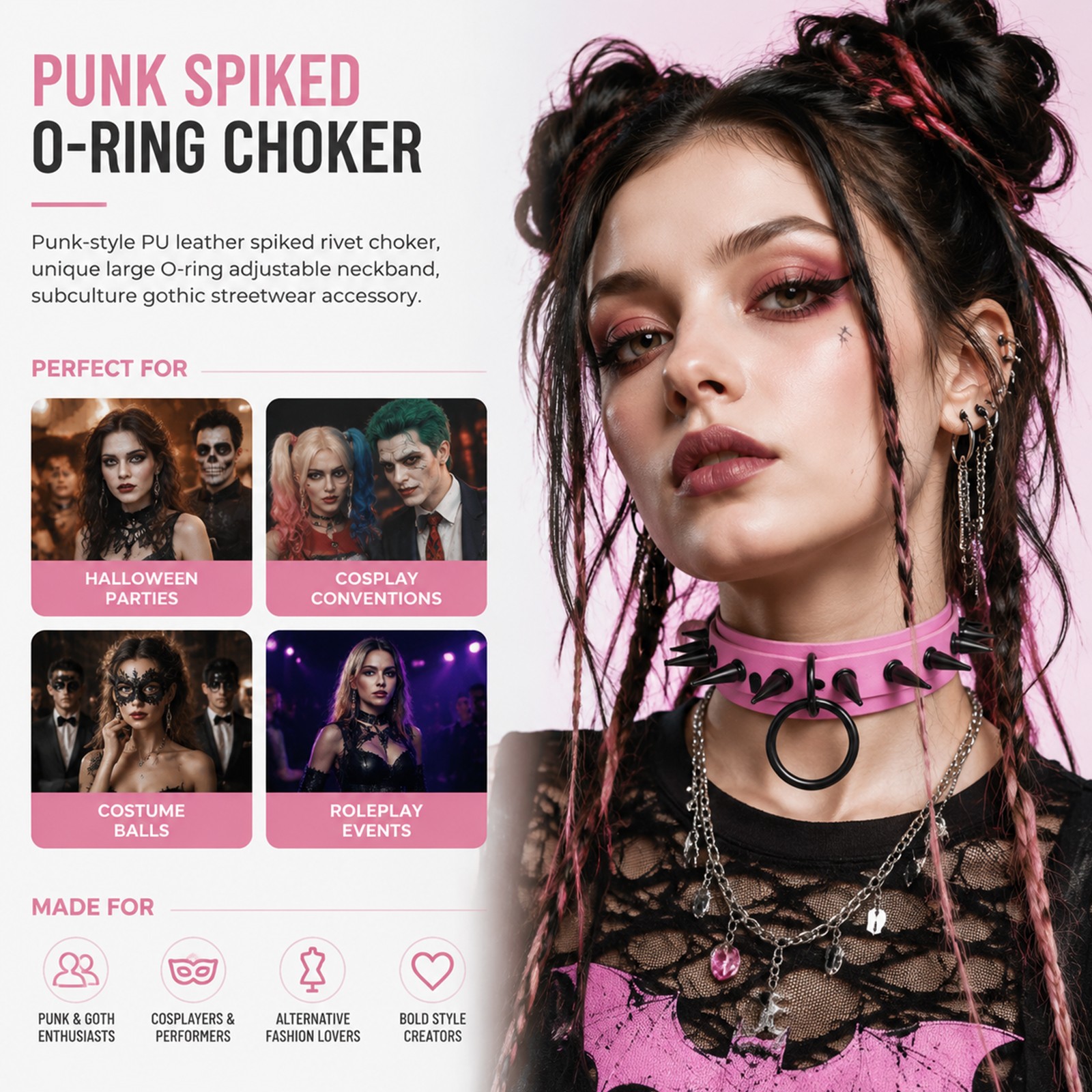 Punk Rocker PU Leather Spike Studded Choker Necklace for Women Adjustable Collar