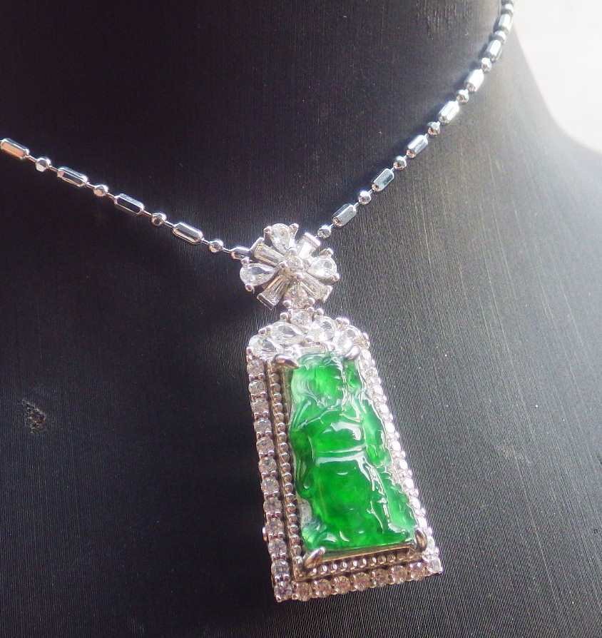 Video Certified Silver 925 Green A Jade jadeite Pendant Guan Gong God 124818 TS