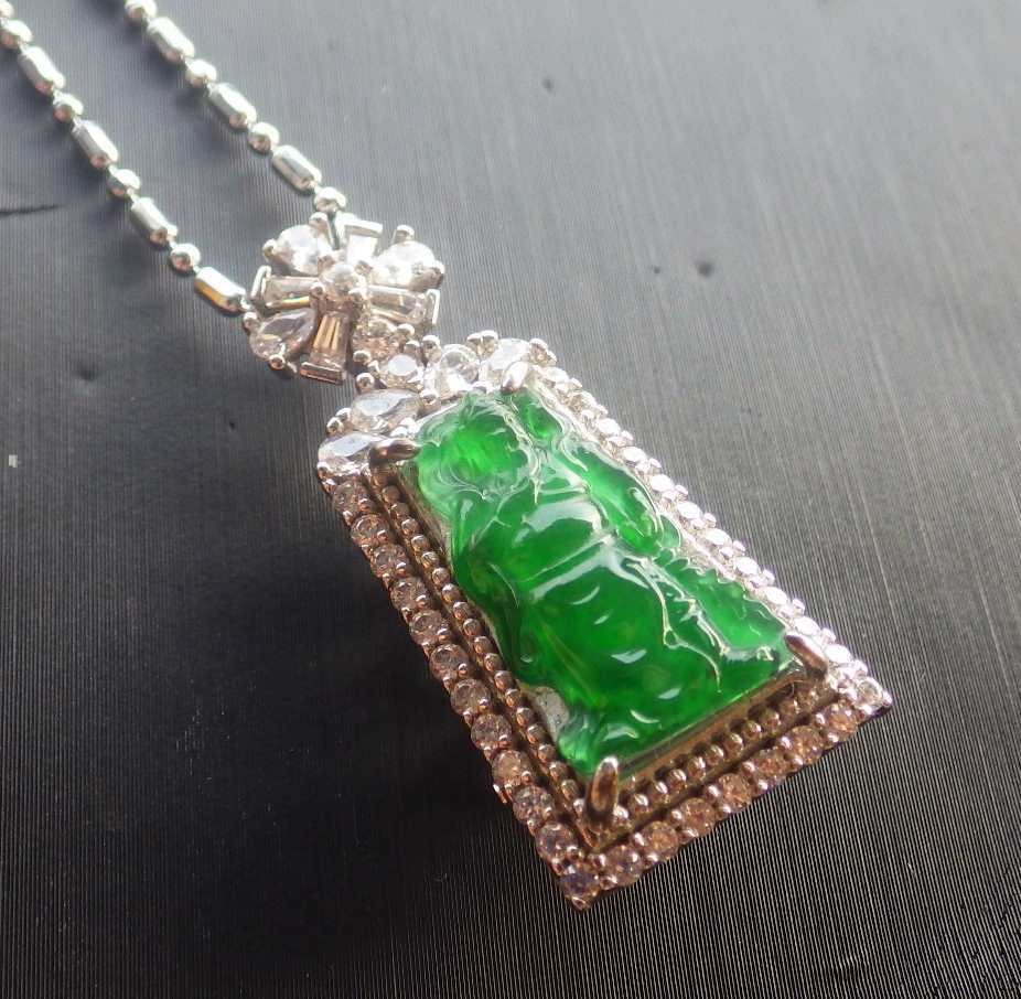 Video Certified Silver 925 Green A Jade jadeite Pendant Guan Gong God 124818 TS
