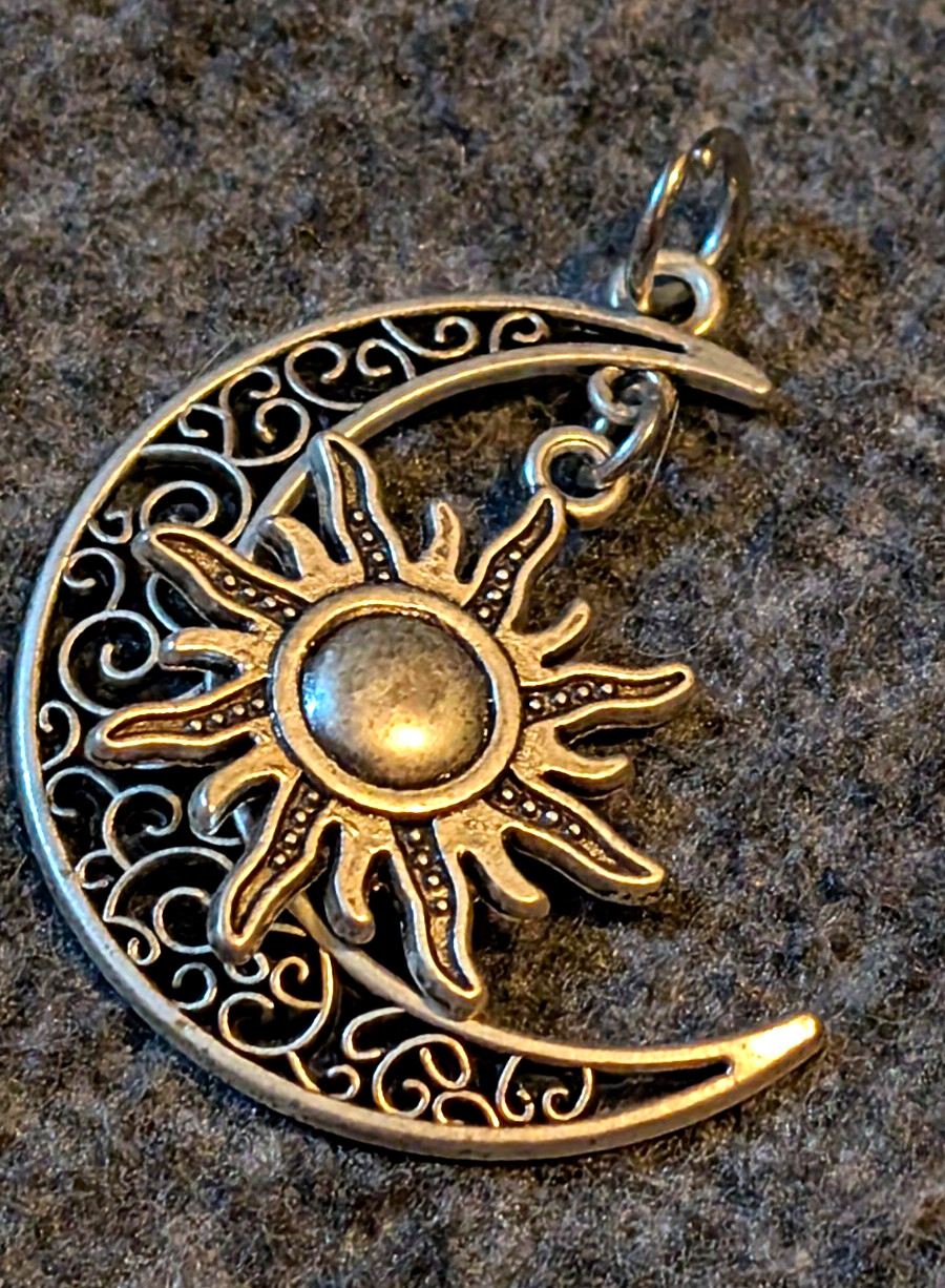Silver Tone Crescent Moon & Sun Charm Pendant, Celestial Signs & Symbols