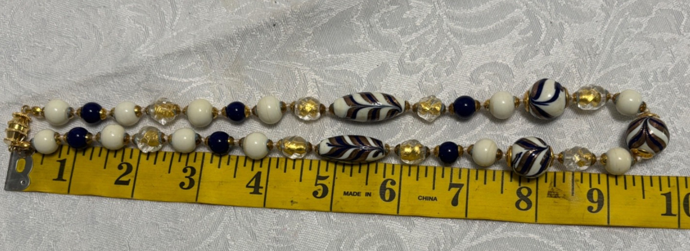 Venetian Glass Beads NECKLACE 20″ Cream Navy Gold Handcrafted IBB Italy Boxed