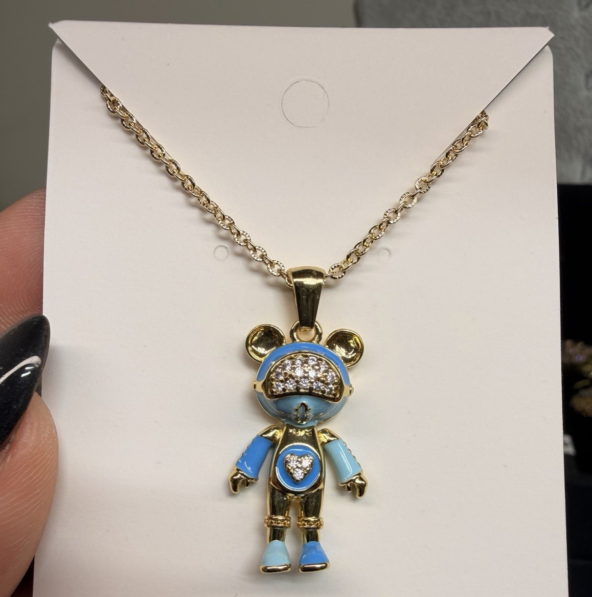 Gold Plated Pavé Clear Crystal Blue Enamel Bear Charm Pendant cable Necklace