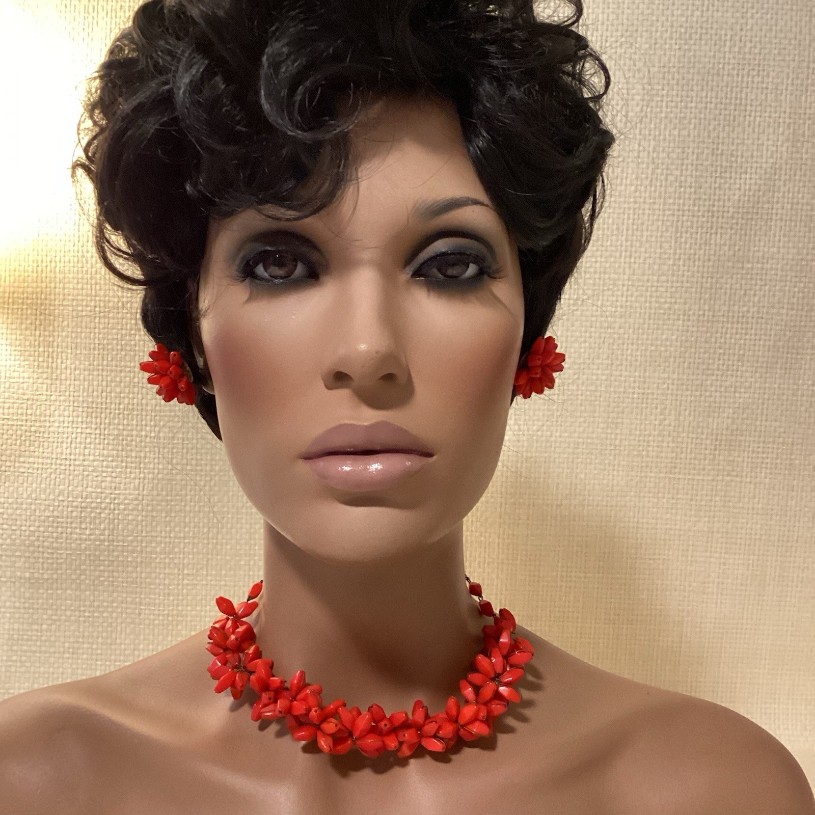 Necklace Vintage Red Coral Choker & Clip on Earring Set Made In Germany