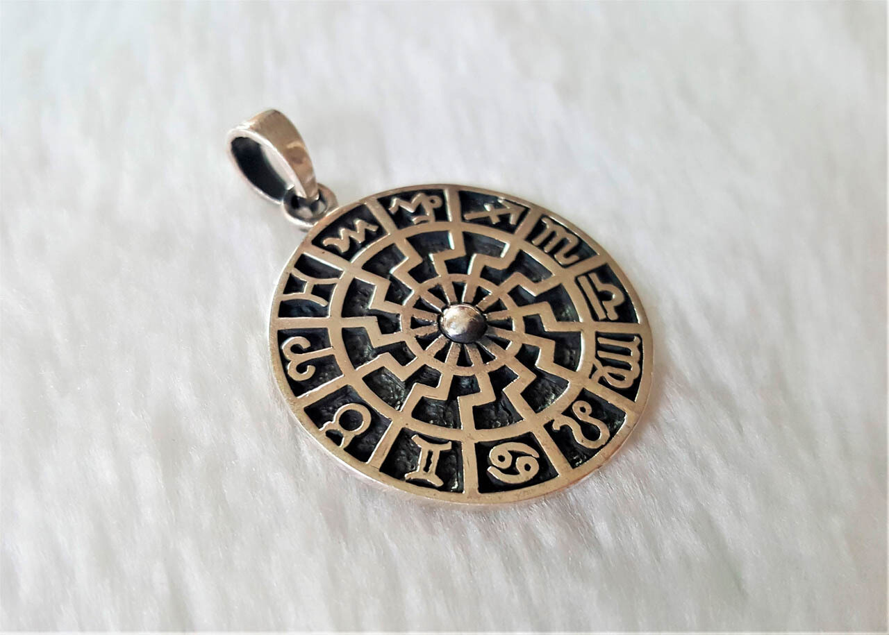 Sun Wheel Pendant 925 Sterling Silver Black Sun Occult Talisman Horoscope Zodiac