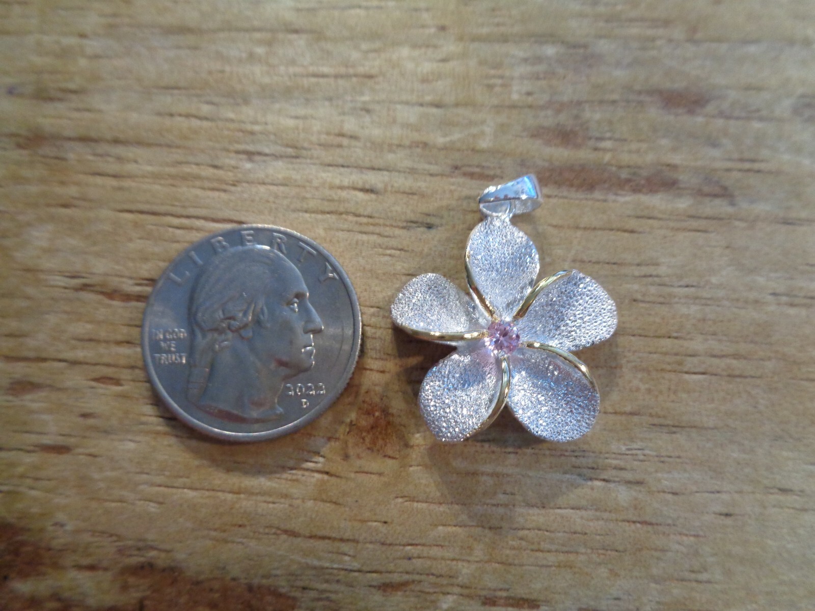 26mm Yellow Gold Plated 925 Silver DC Sand Hawaiian Plumeria Pink CZ Pendant