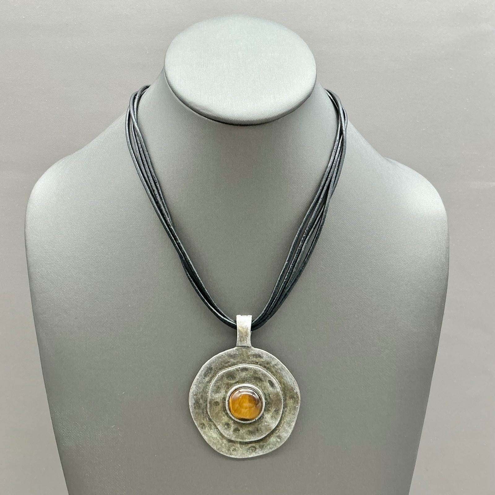 Premier Designs Necklace Tiger Eye Pendant Black Cord Silver Tone 18-20 In