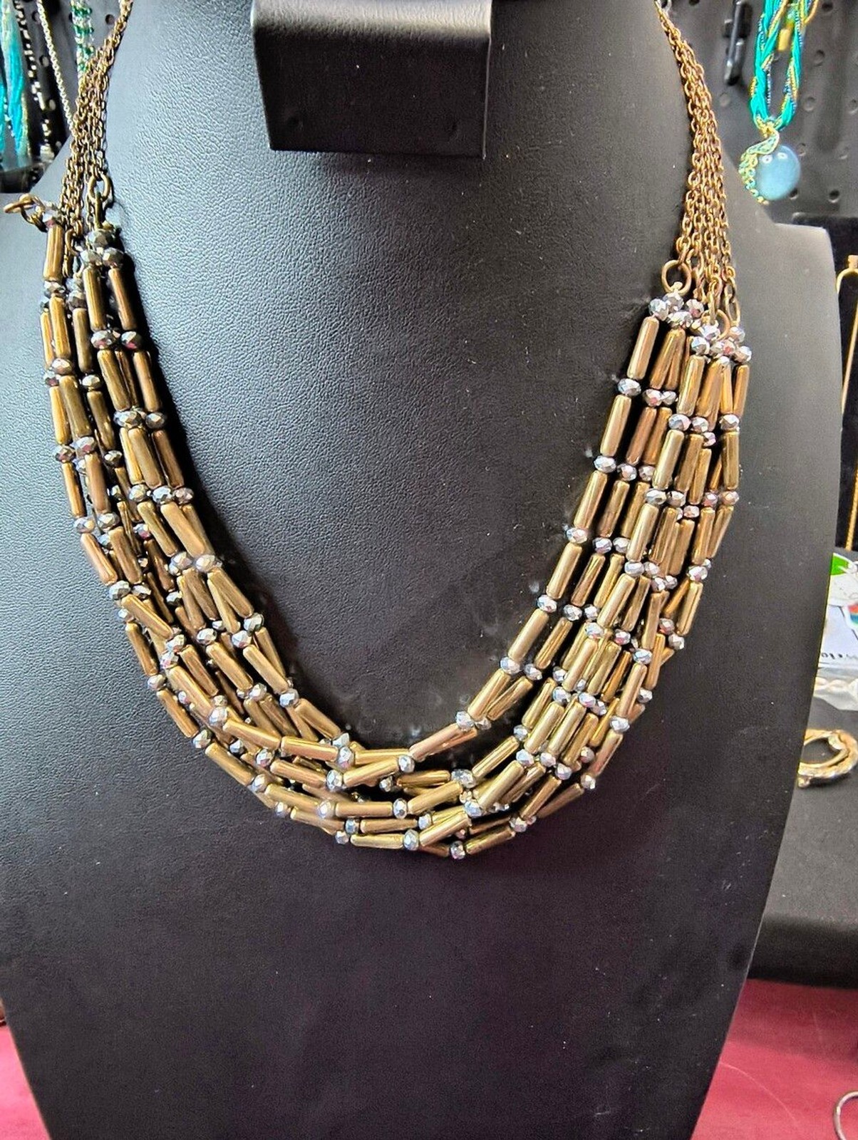 Chicos 10 Strand Statement Necklace Bronze Hematite Multi Layered Industrial