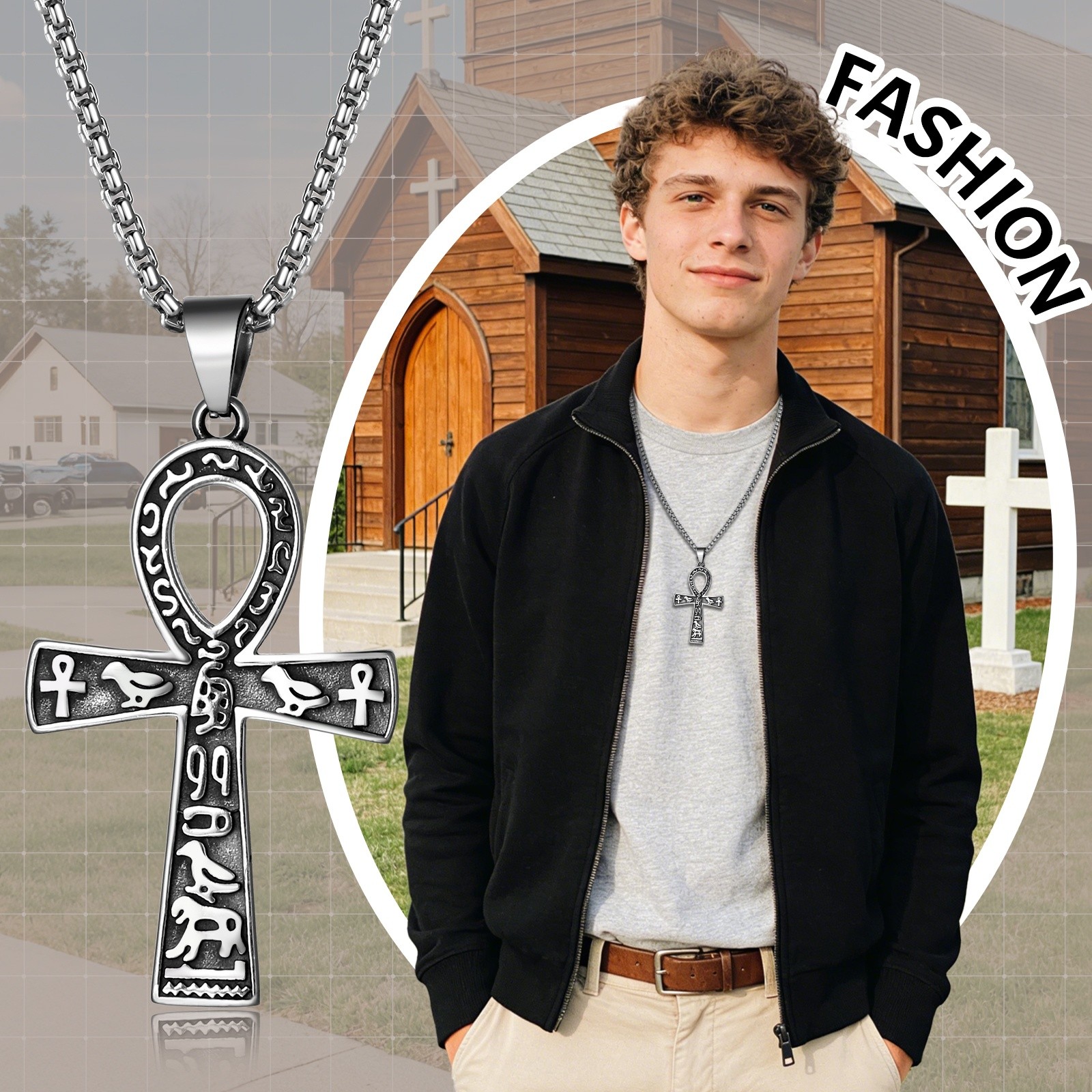 Unisex Stainless Steel Ankh Cross Necklace Ancient Egyptian Symbol Amulet Gift