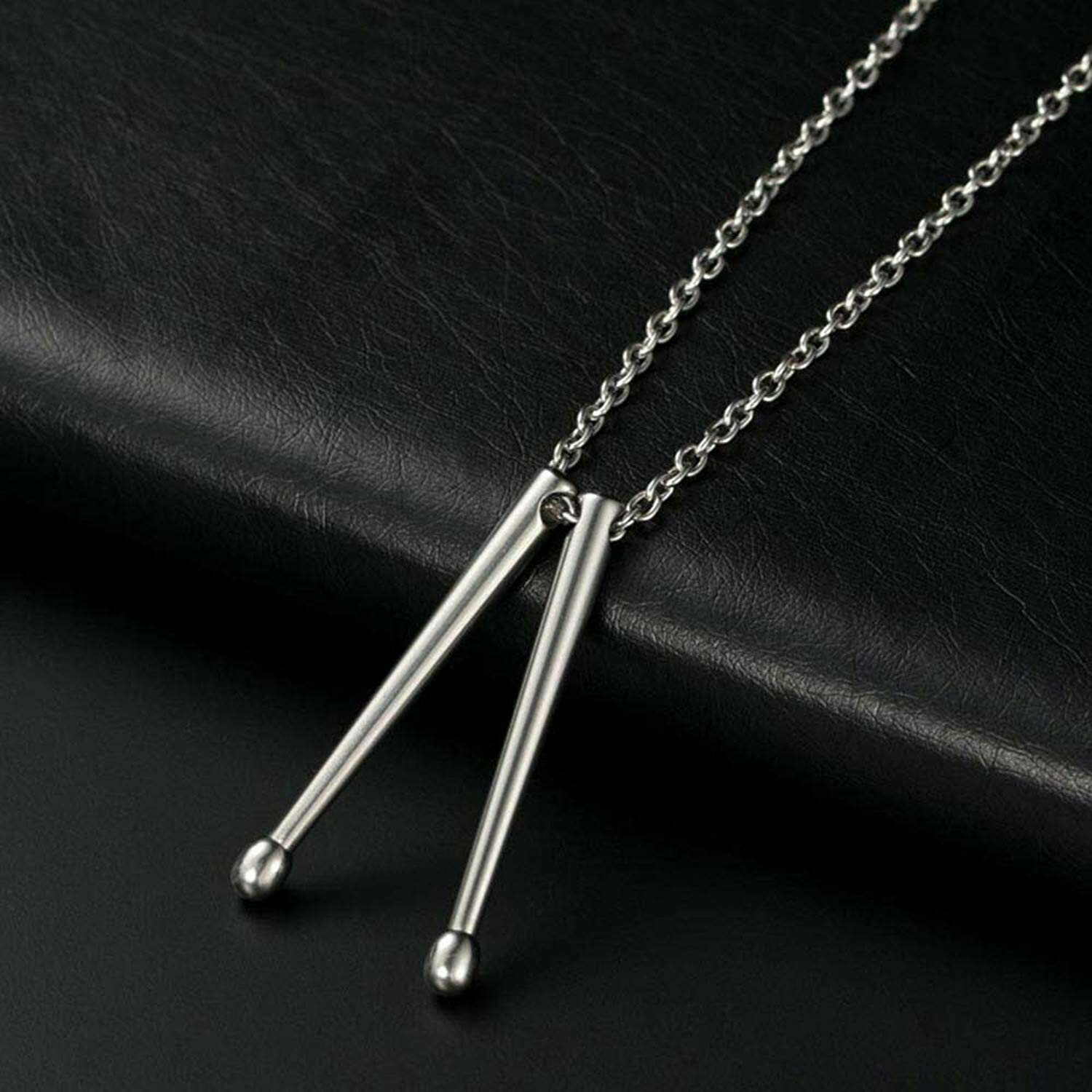 Drummer Drumstick Pendant Necklace Stainless Steel 20″ Silver Band Jewelry