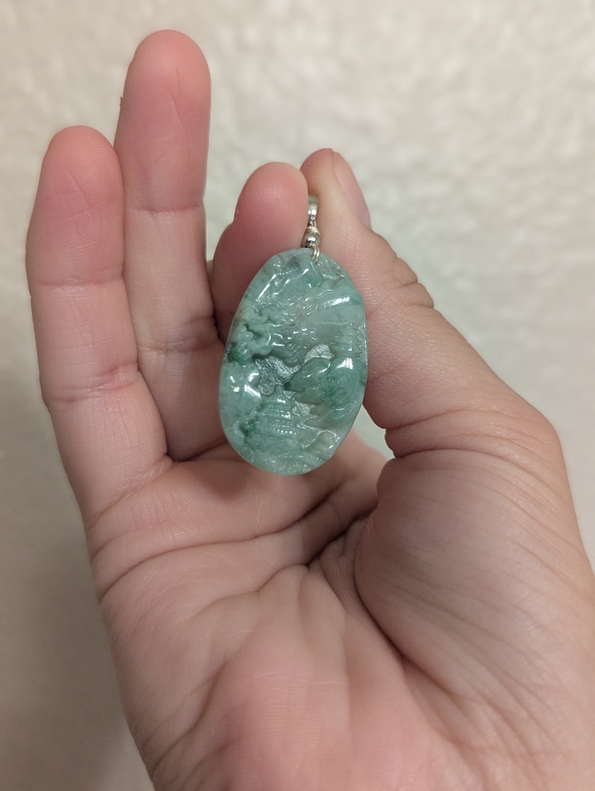Green Jade Oval Animal Carved Pendant Charm with Bail, Stone Material
