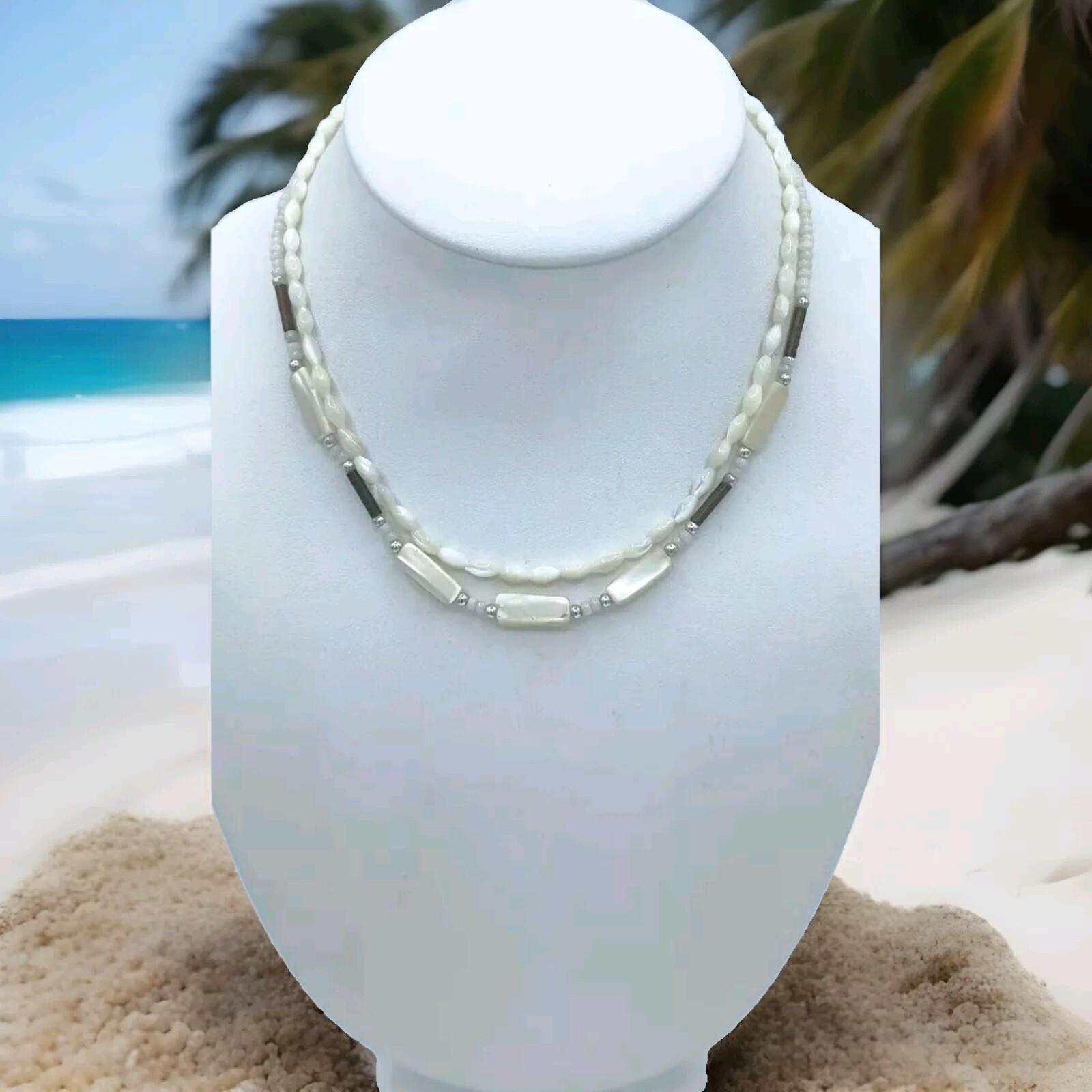 VTG Mother Of Pearl Shell Choker Necklace Set 2 Hand Carved Surfer Beach Unisex