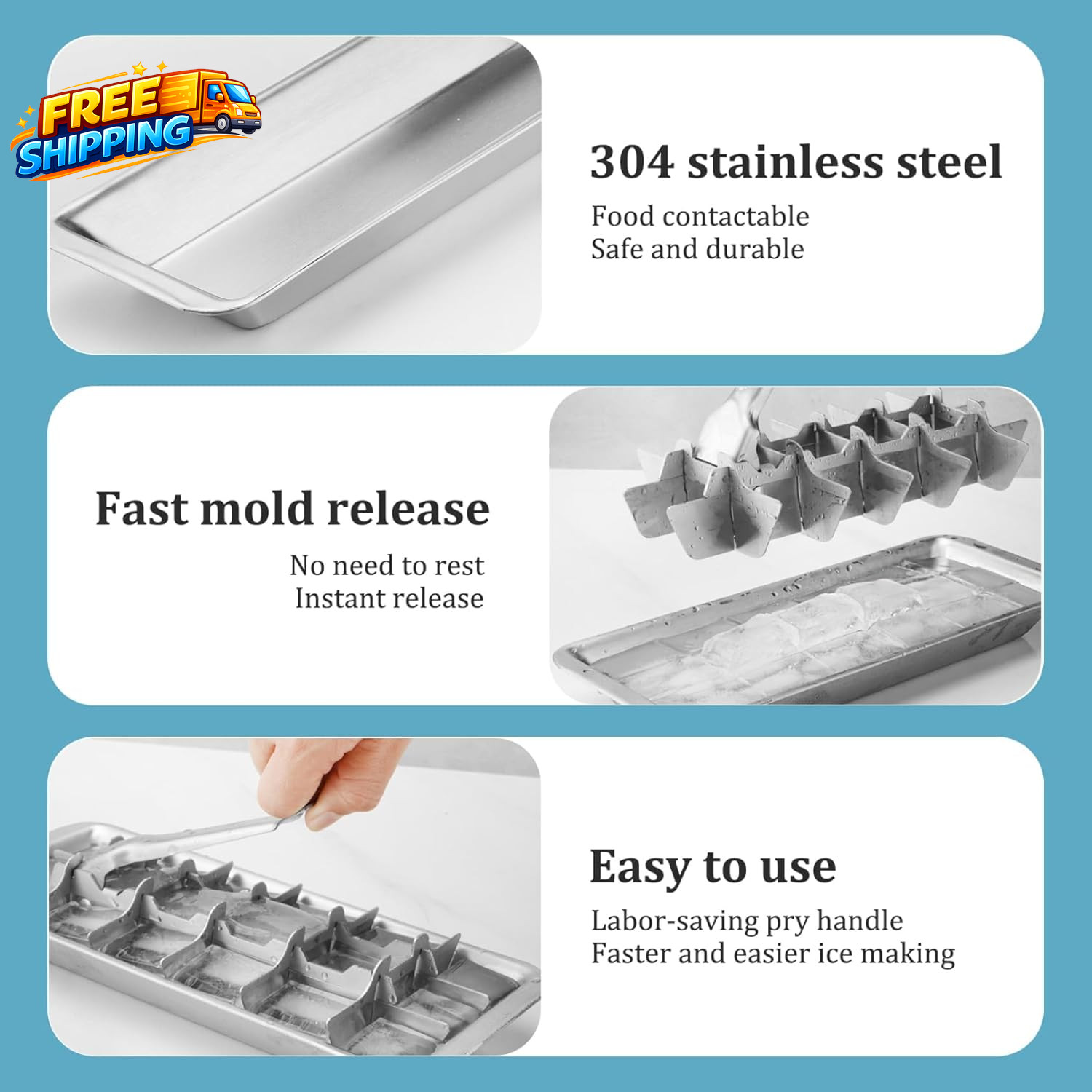 Stainless Steel & Metal Ice Cube Trays with Handle – 18-Slot Small Ice Cube Mold