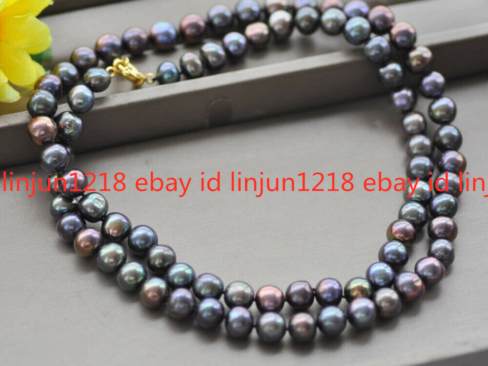7-8mm Round Peacock-Black Freshwater Round Beads Pearl Necklace 18/24/30/36/50”