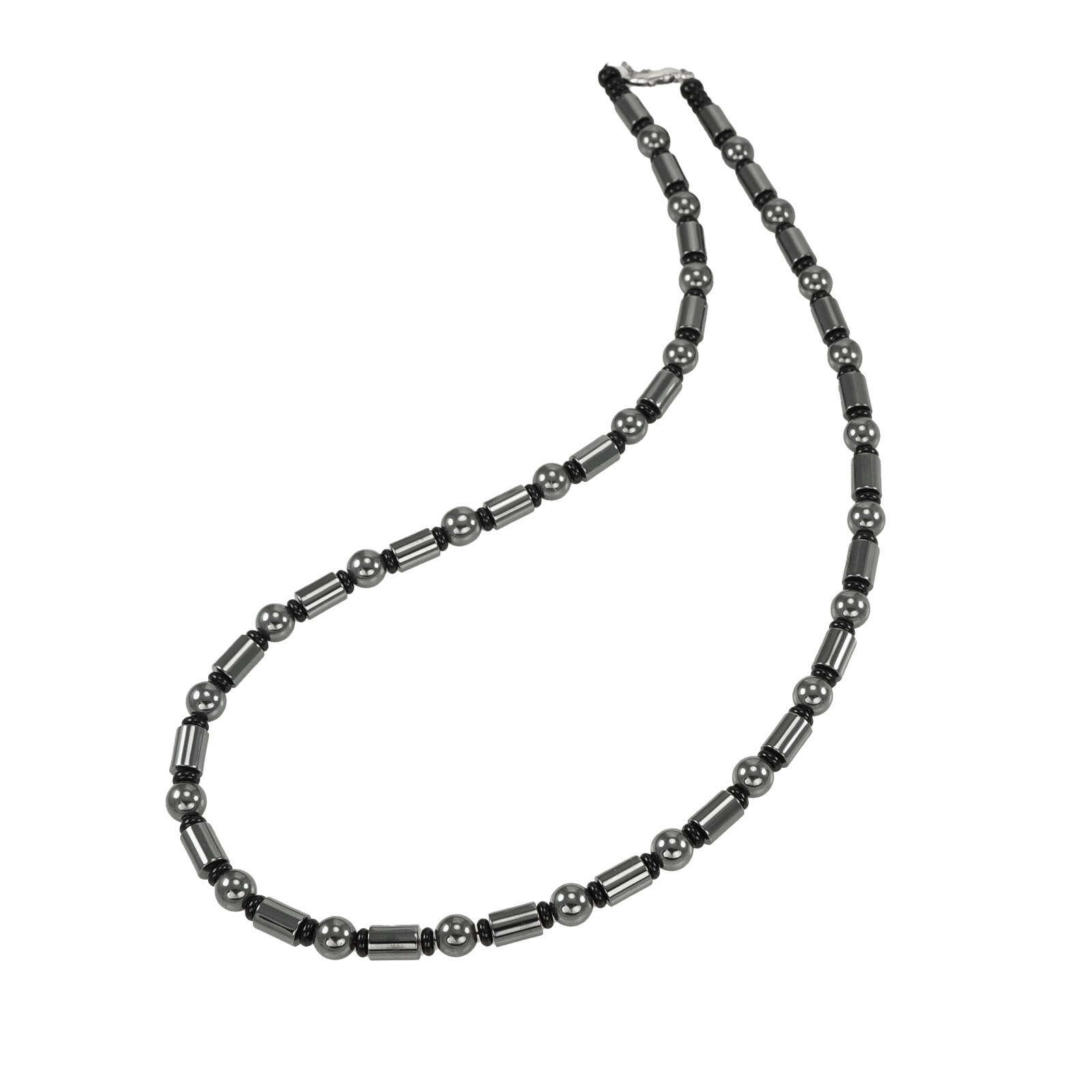 Unisex Grey Hematite Tube and Black Glass Beaded Necklace, 18 inch