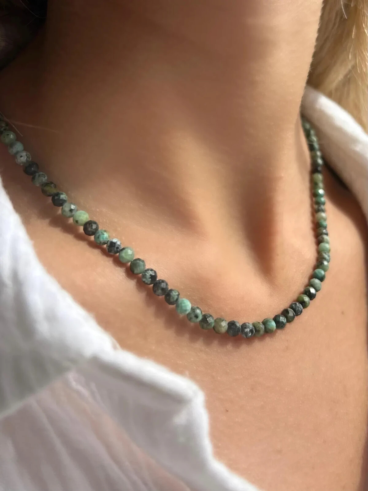 African Turquoise Choker Natural Green Stone Facted Necklace Healing Reiki Gift