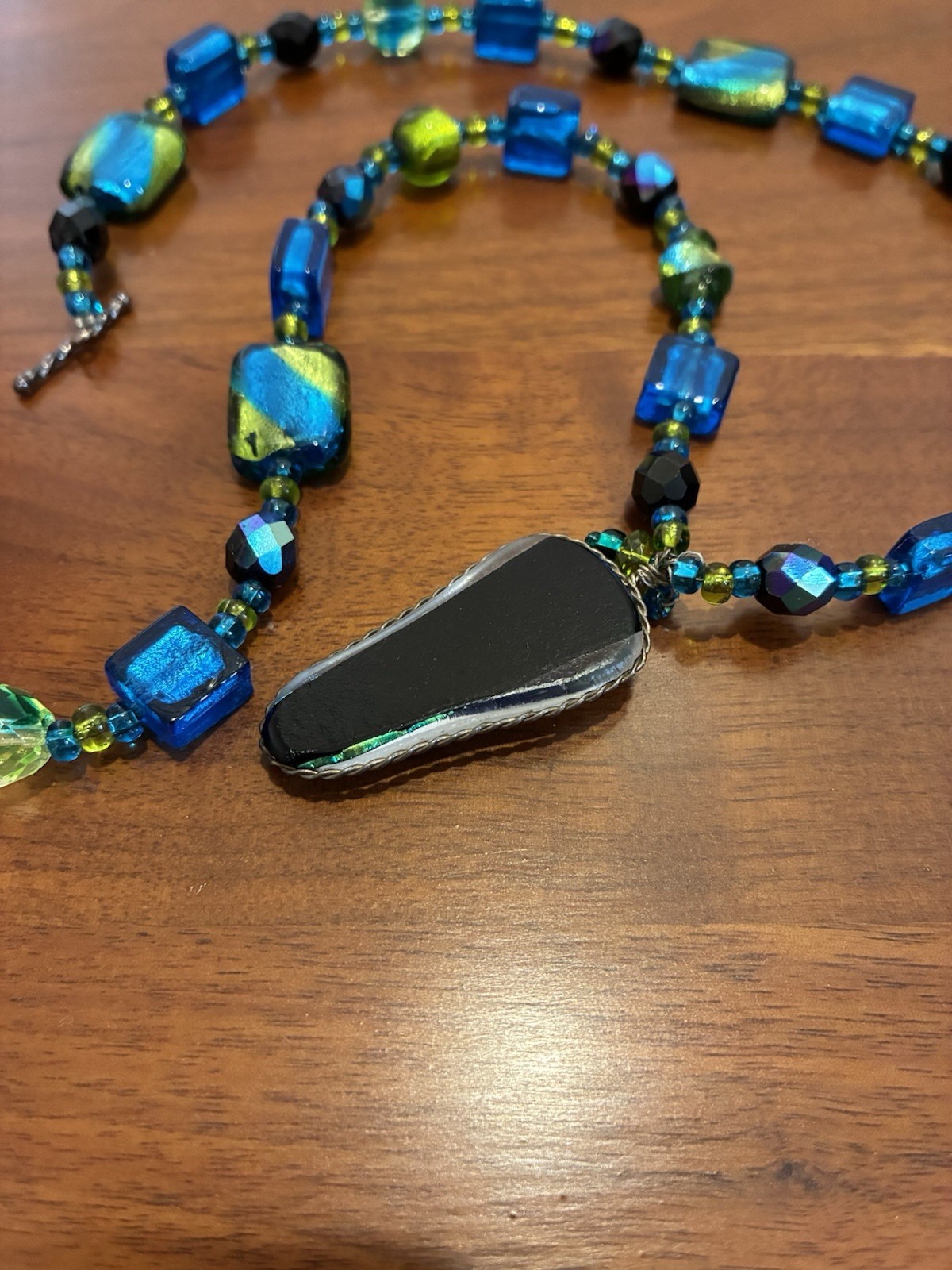 Vintage Blue Green Art Glass Beaded Necklace With Dichroic Glass Pendant Clasp