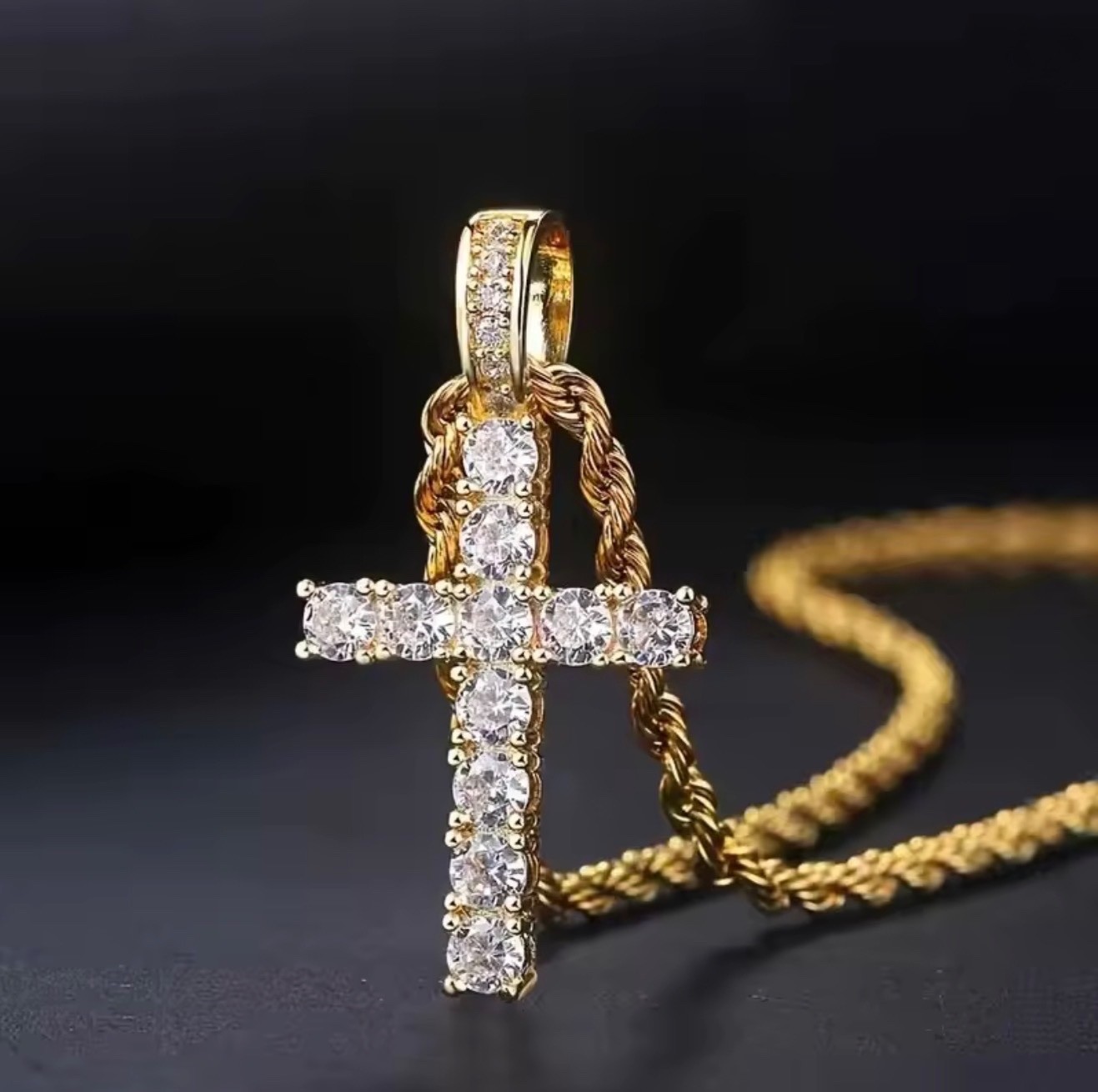 Gold filled 60Cm Twisted Necklace Cross Pendant made with Swarovski Crystals