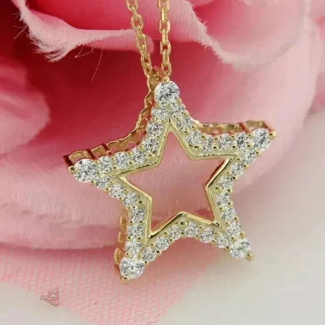 1Ct Simulated Round Cut Diamond Star Pendant Necklace 14K Yellow Gold Plated