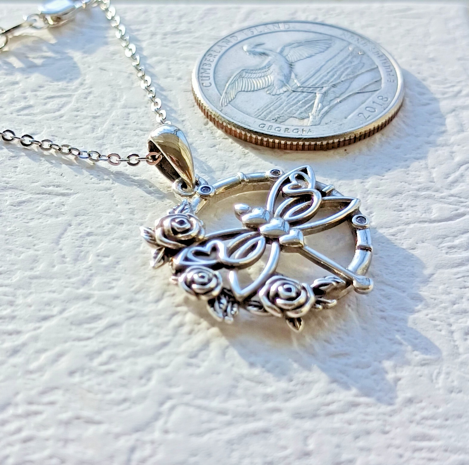 US Seller, Sterling Silver 925 Hearts & Flowers Dragonfly Compass, 18+2″ Chain