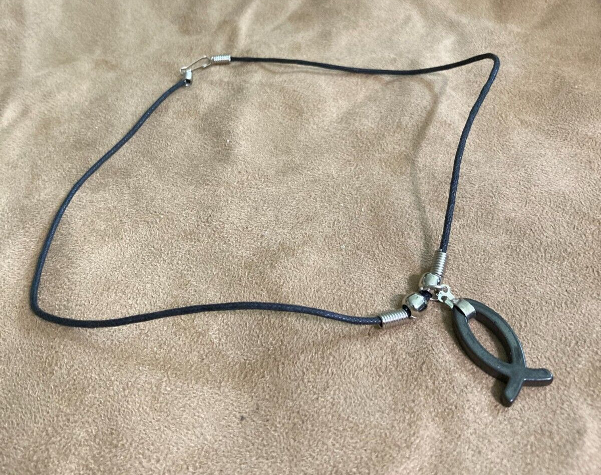 Black Cord With Acrylic Fish Pendant Silver Tone Christian C30-56