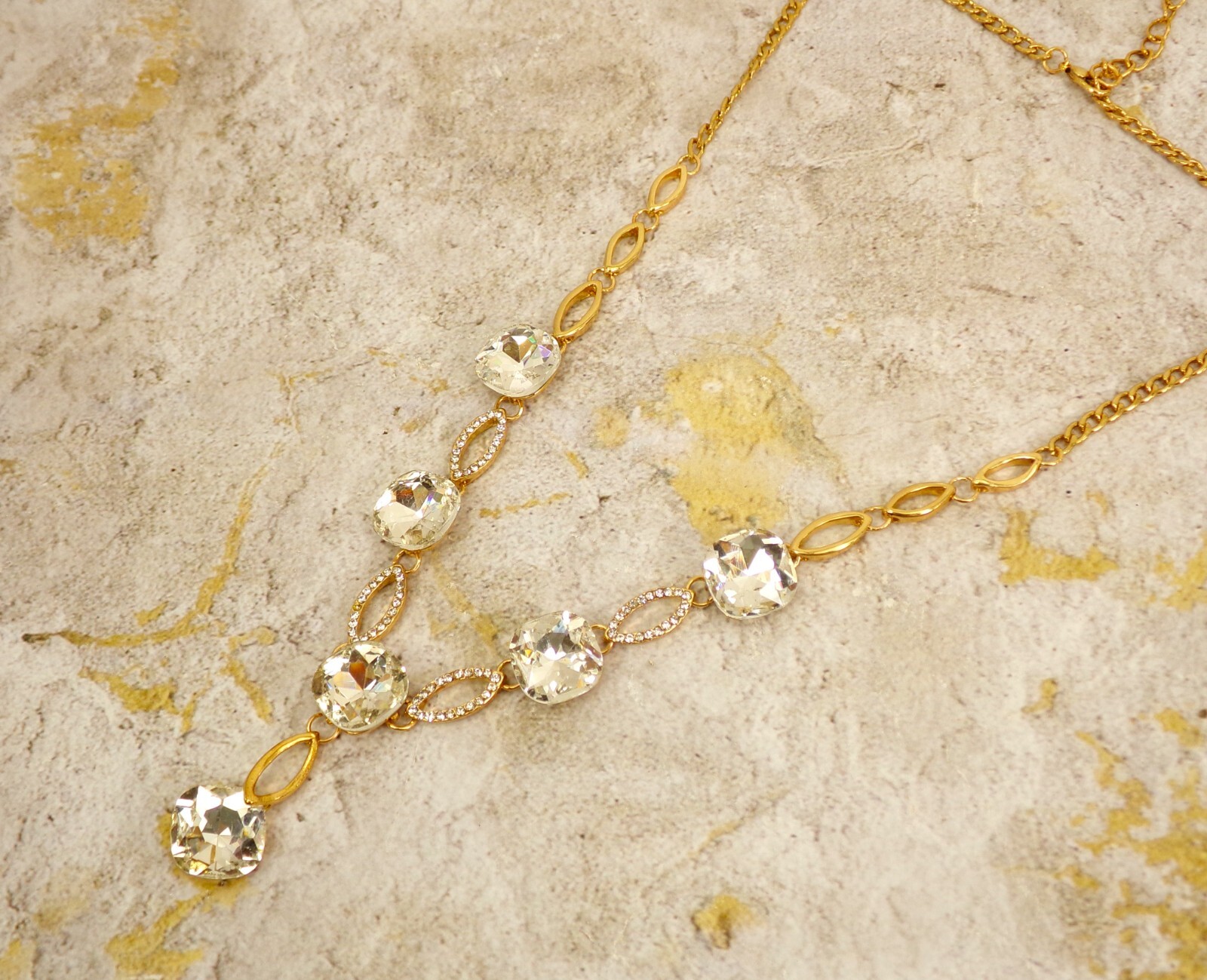 Clear crystal Y necklace with square cushion shape crystals and round crystals