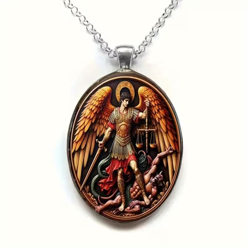 Oval-shaped necklace of Archangel Michael pendant necklace with gift box
