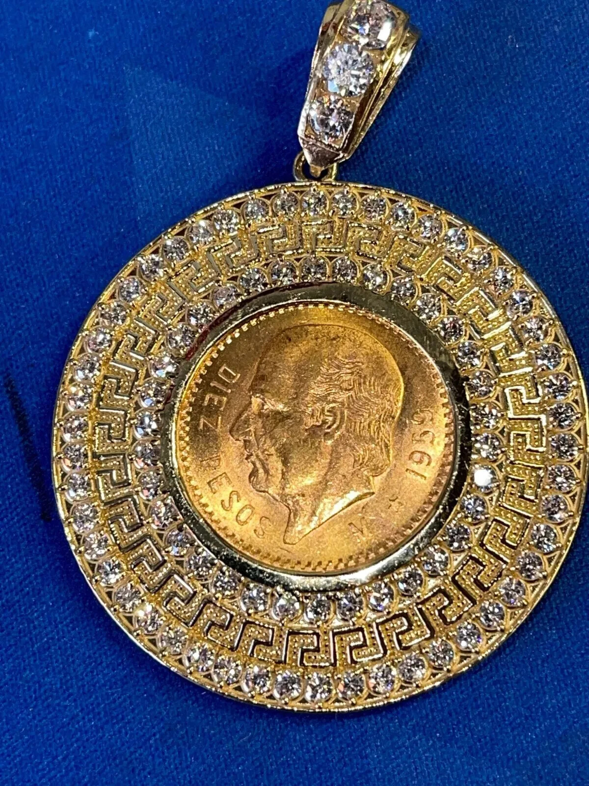 For 10 Peso Coin 11.5g 14k Yellow Gold Bezel Greek Key Bizel Moneda Cubic Zarcon